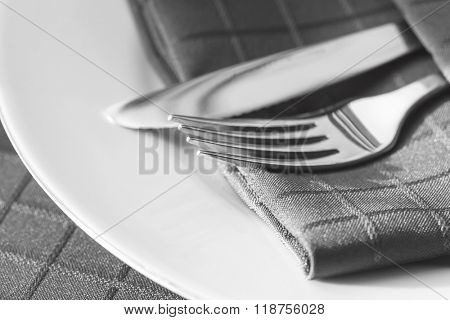 Cutlery with napkin.  Monotone.