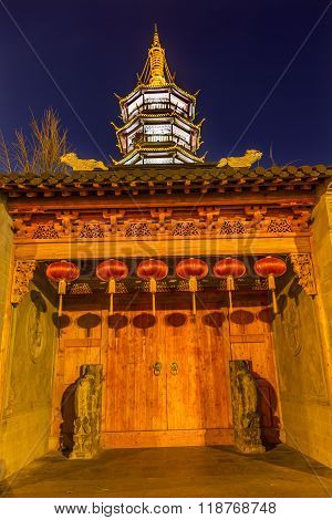 Buddhist Nanchang Temple Wooden Door Pagoda Wuxi Jiangsu China Night