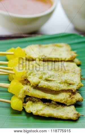 Grilled Pork Satay With Peanut Sauce And Vinegar, Thai Food.