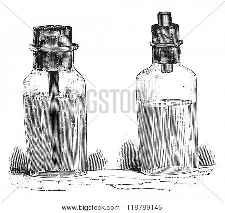 Bottles gasoline, vintage engraved illustration. Magasin Pittoresque 1876.