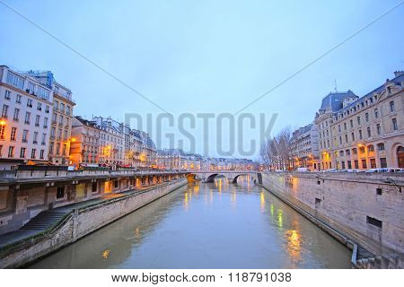 Paris, France, February 9, 2016: River Sena at night in Paris, France, 