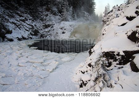 Frozen Waterfall Kivach In  Cloudy January Day. Karelia, Russia