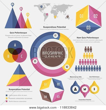 Big set of colorful Business Infographic elements including charts, barts and graphs.