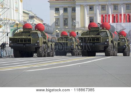 A convoy of rocket launchers S-300PM moves on the Palace square. Rehearsal of parade in honor of Vic
