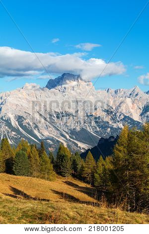 Beautiful Autumn Colors In Dolomites Mountain, Tofana Peak, Cinque Torri Mountain