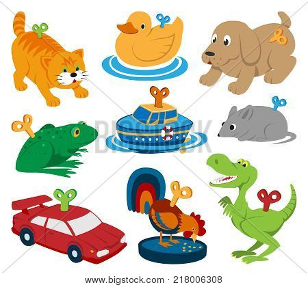 Kids vector toys clockwork key mechanism mechanic cartoon animals in toyshop for child clock work car and boat in playroom illustration isolated on white background.