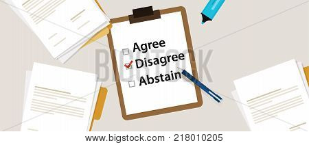 disagree Selecting an item in the survey. Items for voting agree, disagree, abstain on paper with check mark vector