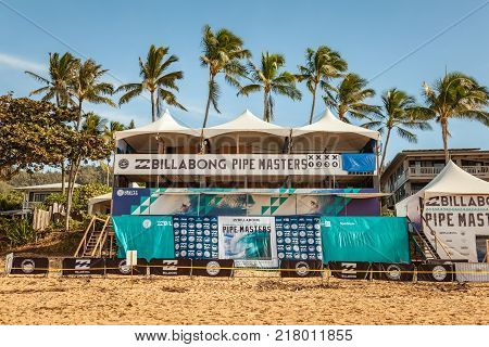 BANZAI PIPELINE HAWAII USA - DECEMBER 10 2017: Billabong Pipe Masters 2017 judges stand empty on Banzai Pipeline on north shore of Oahu Hawaii USA.