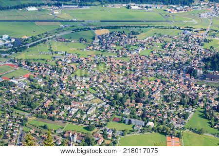 Interlaken town and Aare river from the view point of Harder Kulm Interlaken Switzerland