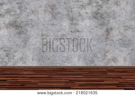 room perspective, grunge grey concrete wall and wooden plank grou