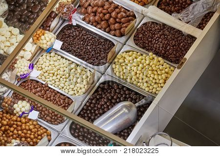 Candies, sweets, sugar coated nuts sold at the chritmas market