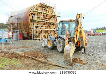 PILSEN / CZECH REPUBLIC - DECEMBER 10, 2017: Tunnel boring machine at railroad construction site. Building of new high speed track to Germany.
