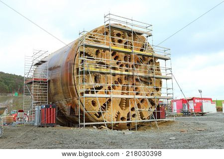 PILSEN / CZECH REPUBLIC - DECEMBER 10, 2017: Tunnel boring machine at railroad construction site. Building of new high speed track to Germany.
