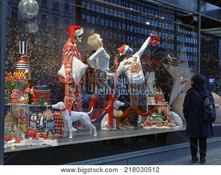 HELSINKI, FINLAND - DECEMBER 9, 2017: Christmas show window of Stockmann department store. This store is the largest department store in the Nordic countries