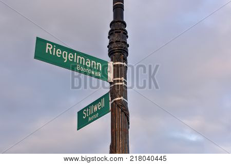 Riegelmann Boardwalk sign on Coney Island Beach Brooklyn New York