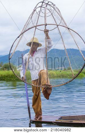 Inle Lake Myanmar - Sep 07 : Burmese Fisherman At Inle Lake Myanmar On September 07 2017 Inle Lake I