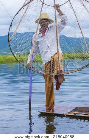 Inle Lake Myanmar - Sep 07 : Burmese Fisherman At Inle Lake Myanmar On September 07 2017 Inle Lake I
