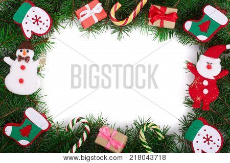 Christmas frame decorated isolated on white background with copy space for your text. Top view.