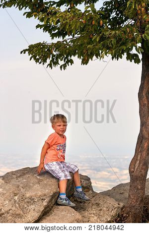 San Marino, San Marino - July 10, 2017: Tourist The Boy Walks Along The Historical Site.