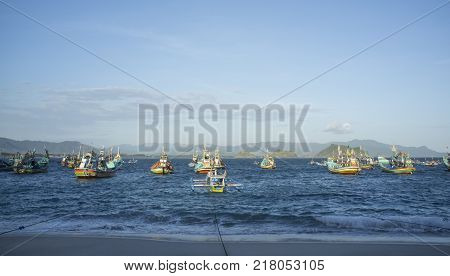 INDONESIA:Traditional fisherman boat at offshore of Tanjung Papuma Beach, Jember,Surabaya,East Java.