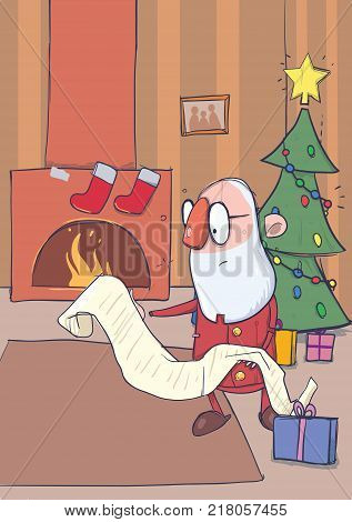 Christmas card of funny hatless Santa Claus in glasses reading a long scroll in the home interior with Christmas tree. Vector character illustration.