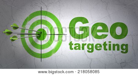 Success finance concept: arrows hitting the center of target, Green Geo Targeting on wall background, 3D rendering