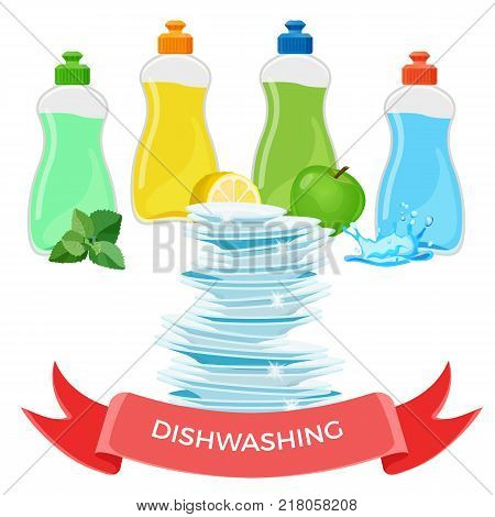 Dishwashing liquid means with aromas of fresh mint, juicy lemon and green apple and pile of shiny dishes vector illustrations on promotional poster.