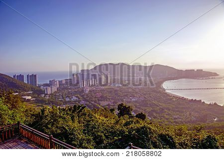 panorama of the city of Sanya, a view of the city in the highest point, the island of the Phoenix. Asia