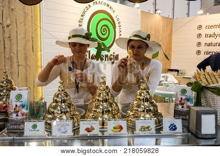 CRACOW POLAND - NOVEMBER 16 2017: Pavilion of the ice cream producer at Gastrofood - Trade Fair for Food and Drinks for Catering in Cracow. Poland