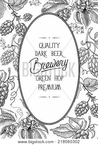 Black and white oval decorative wreath frame composition with inscription that quality dark beer brewery green hop premium in the center of card and upper-under dotted line hand drawn doodle vector illustration
