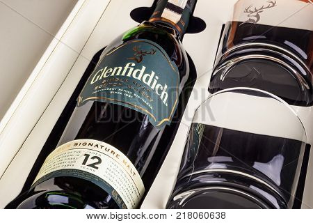 Varna Bulgaria - DECEMBER 06 2017: Glenfiddich Single Malt Scotch whisky with two glasses. luxury packaging