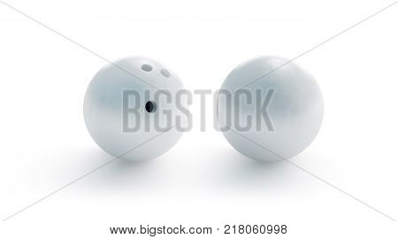 Blank white bowling ball mockup front and back side view 3d rendering. Empty bowl game sphere mock up isolated. Clear leisure sport equipment design template. Plain shiny orb with 3 holes