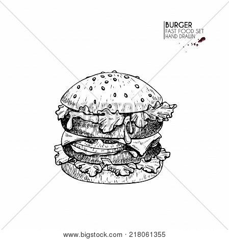 Hand drawn set of fast food. Burger with beef cheese tomato and salad. Vintage engraved vector illustration. Isolated on white. For restaurant menu street food bakery cafe logo flyer banner
