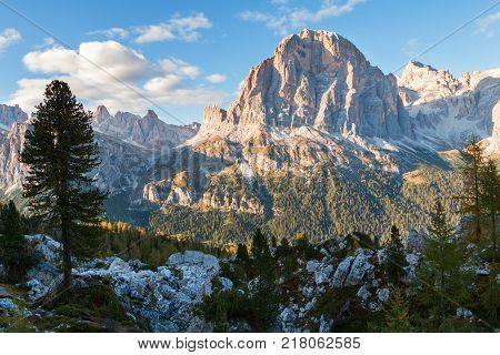 Beautiful autumn colors in Dolomites mountain Tofana peak Cinque Torri mountain in Italy Europe