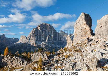 Beautiful autumn colors in Dolomites mountain Tofana peak Cinque Torri mountain in Italy Europe