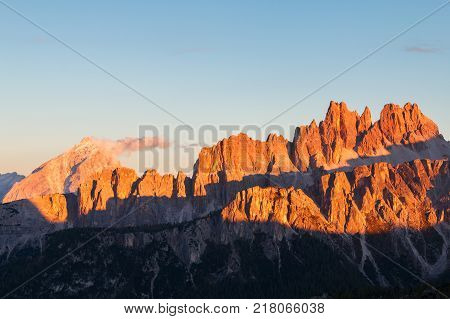 Beautiful autumn colors in Dolomites mountain Tofana peak Cinque Torri mountain at sunset in Italy Europe