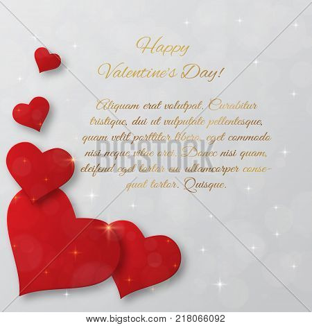Bright Valentines day vector background. Sparkling paper hearts on bokeh background. Greeting card design