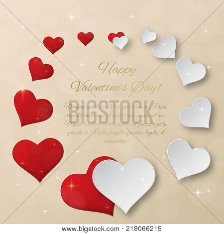 Bright Valentines day vector background. Sparkling paper hearts on bokeh background. Greeting card design