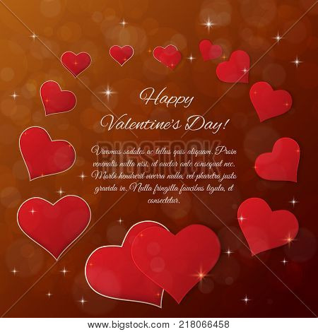 Bright Valentines day vector background. Sparkling paper hearts on bokeh background. Greeting card design