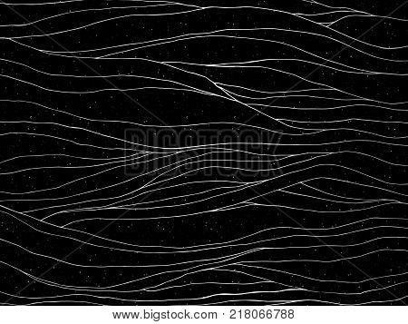 Abstract hand drawn wavy pattern, black background and silver stripes. Vector illustration.