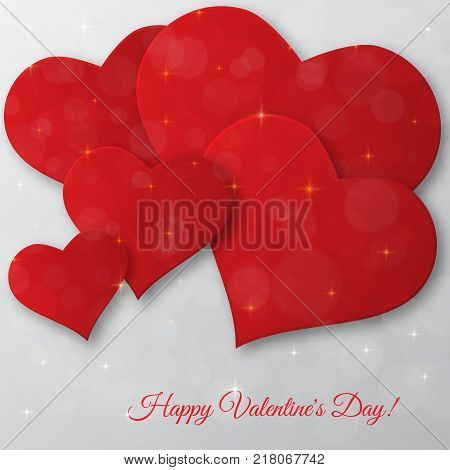 Bright Valentines day vector background. Sparkling paper hearts on bokeh background. Greeting card design