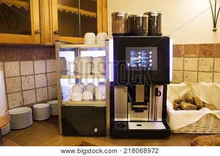 Fresh Coffee Machine For Make Hot Coffee And Bread And Loaf In Rattan Wicker Basket In Restaurant