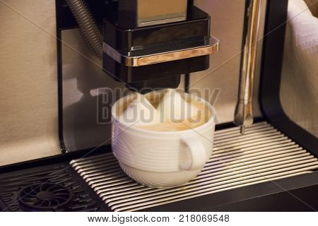 Fresh Coffee Machine For Make Hot Coffee And Bread And Loaf In Rattan Wicker Basket In Restaurant