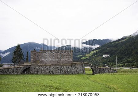 Classic building of christian near haidepark burgeis in Mals Vinschgau at Malles Venosta, in val Venosta, in Trentino-Alto Adige, Italy