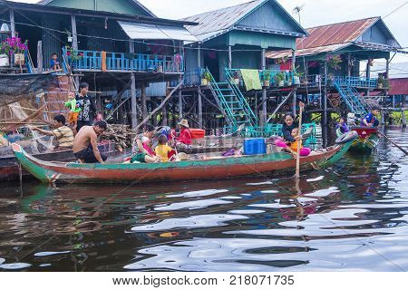 Tonle Sap Cambodia - Oct 18 : Traditional Wooden Stilt Houses In Tonle Sap Lake Cambodia On October 