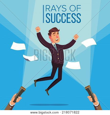 Happy Manager, Businessman Vector. Jumping On The Workplace. Rays Of Success Concept. Flashlight And Hand. Flat