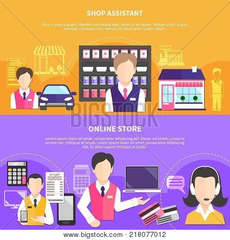 Salesman horizontal banners collection with shopworker characters and online store items payment terminal and credit cards vector illustration