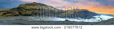 Solheimajokull Glacier in Iceland at sunset