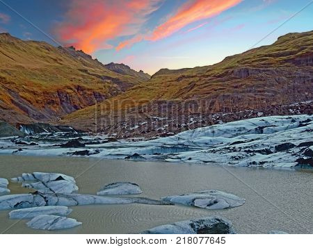 Solheimajokull Glacier in Iceland at sunset