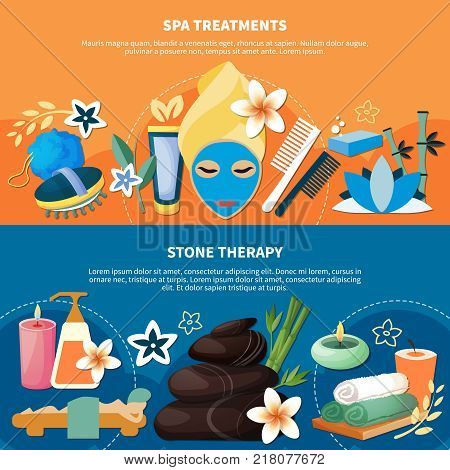 Spa health treatments with seawater baths hot stone and river rock massage 2 flat banners vector illustration